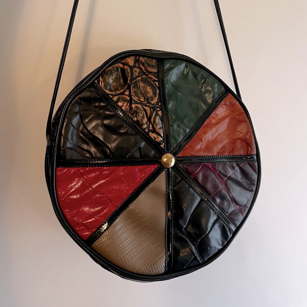 Vintage Black Embossed Patchwork Circle Crossbody… - image 1